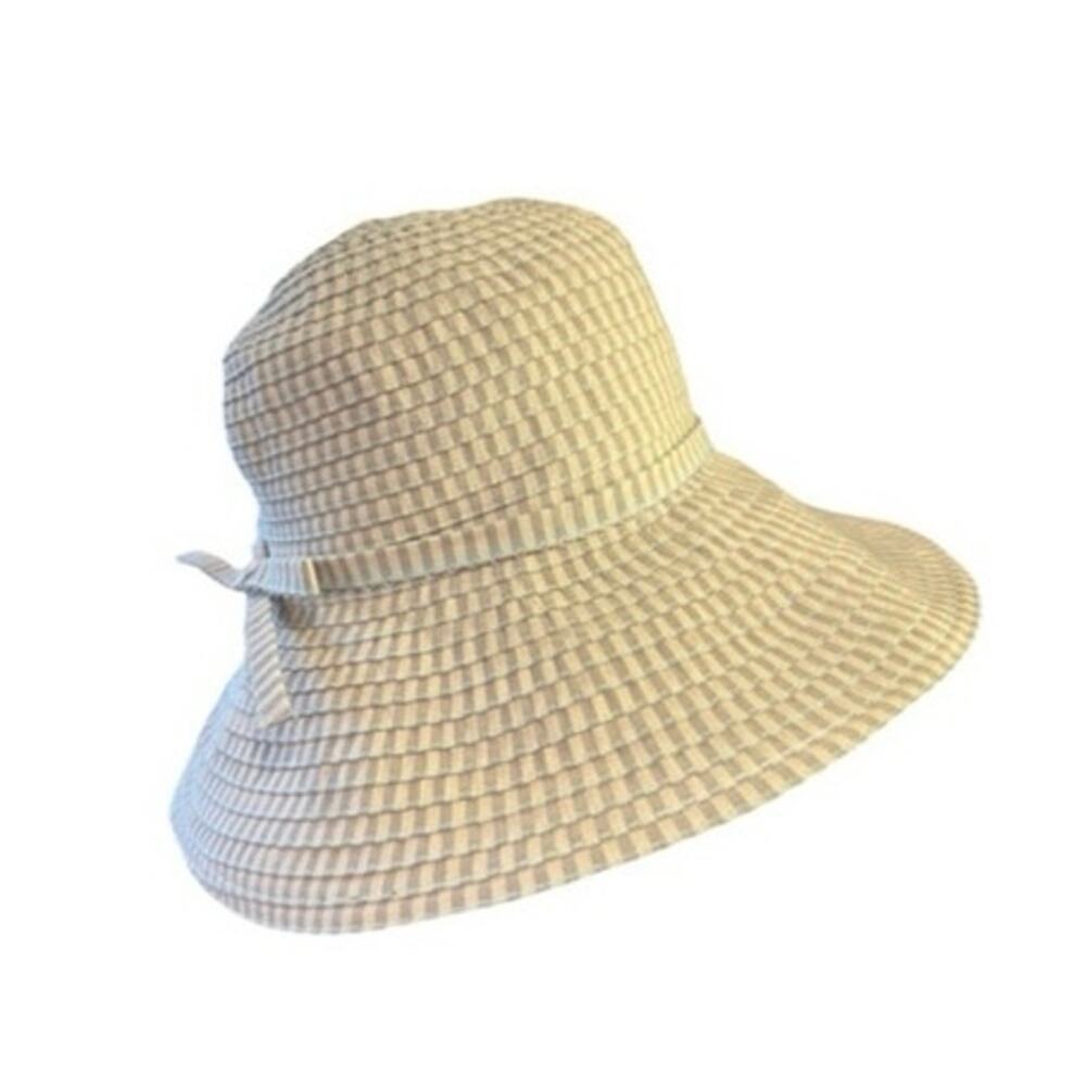 Women’s Packable Sun Hat Brown Beige Plaid Wide Brim Bow One Size